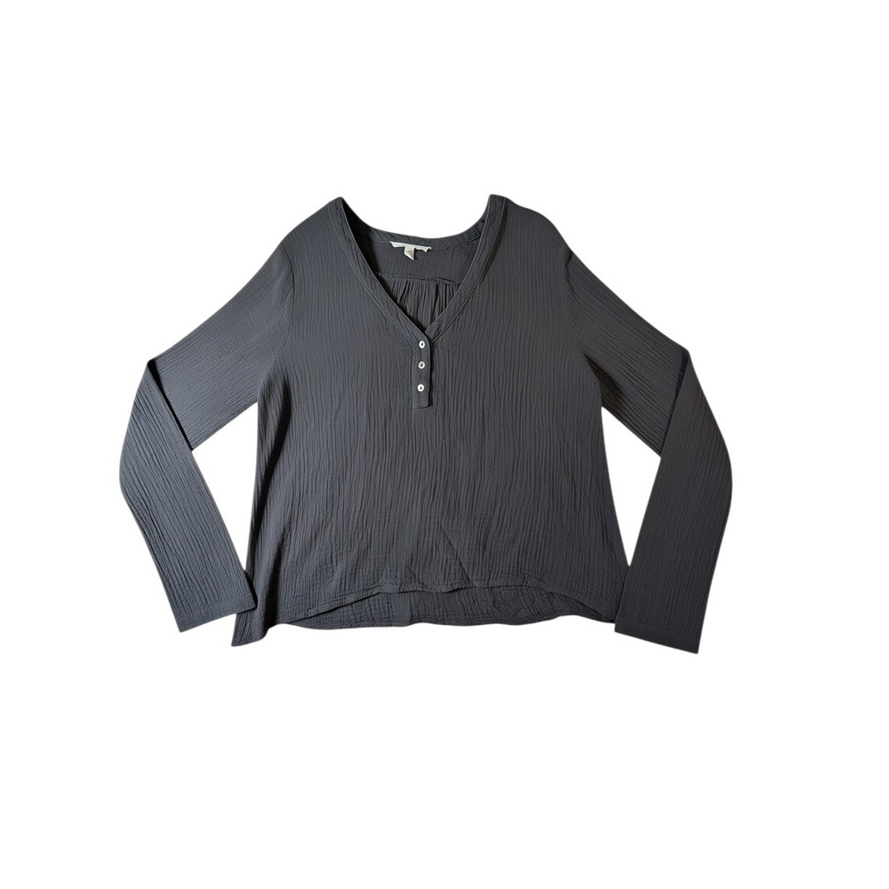 Grade & Gather Womens Medium Dark Gray Linen Blend Gauze Henley Sleeve Shirt